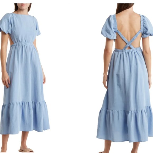 ASTR Jelena Crew Neck Puff Sleeve Open Back Flounce Hem Midi Dress - Blue XS - Picture 2 of 4